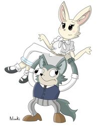  2020 anthro beastars blush canid canine canis carrying_another cheek_tuft clothed clothing domestic_rabbit duo dwarf_rabbit facial_tuft female fully_clothed fur grey_body grey_fur haru_(beastars) inner_ear_fluff lagomorph larger_female legoshi_(beastars) leporid male mammal meme nehmkey nimki oryctolagus rabbit simple_background size_difference smaller_male tuft ugandan_knuckles white_background white_body white_fur wolf 