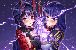  2girls armor blush breasts cleavage closed_mouth company_connection crossover drawing_sword electricity genshin_impact gloves hair_between_eyes holding holding_sword holding_weapon honkai_(series) honkai_impact_3rd horns human_scabbard japanese_armor japanese_clothes katana long_hair looking_at_viewer mihoyo multiple_girls name_connection open_mouth purple_eyes purple_hair raiden_mei raiden_mei_(herrscher_of_thunder) raiden_shogun single_glove sword weapon zero130 