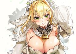  ahoge alracoco arm_up armpits bare_shoulders blonde_hair blush breasts bridal_veil chains cleavage commentary_request detached_collar detached_sleeves fate/extra fate/extra_ccc fate_(series) female flower gloves green_eyes hair_flower hair_intakes hair_ornament large_breasts lock long_hair long_sleeves looking_at_viewer nero_claudius_(bride)_(fate) nero_claudius_(bride)_(second_ascension)_(fate) nero_claudius_(fate) padlock parted_lips short_hair sidelocks signature smile solo strapless upper_body veil white_background white_gloves 