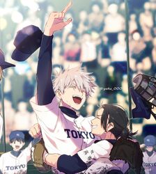  3boys arm_up baseball_mitt baseball_uniform black_hair black_shirt blue_headwear blurry blurry_background closed_eyes ear_piercing female getou_suguru gojou_satoru grin haibara_yu hair_bun hat highres hug ieiri_shoko jujutsu_kaisen multiple_boys open_mouth piercing pointing pointing_up profile shirt short_hair single_hair_bun smile sportswear sweat twitter_username unworn_hat unworn_headwear upper_body white_hair white_shirt yamaru 