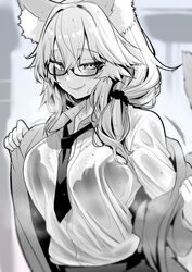  animal_ear_fluff animal_ears blurry blurry_background blush bra breasts closed_mouth coat collared_shirt commentary dress_shirt fate/extra fate_(series) female fox_ears fox_girl fox_tail glasses greyscale hair_between_eyes highres large_breasts long_hair long_sleeves looking_at_viewer low_ponytail monochrome necktie seductive_smile see-through see-through_shirt shirt side_ponytail sidelocks smile solo steam sweat tail tamamo_(fate) tamamo_no_mae_(fate/extra) tamamo_no_mae_(jk)_(fate) underwear undressing upper_body wet wet_clothes wet_shirt wisespeak 