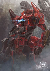  armored_core clenched_hand dust gun highres holding holding_gun holding_weapon hukutuuprunes leaning_forward mecha nineball nineball_seraph no_humans rain robot science_fiction signature solo weapon 