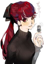  1boy absurdres amamiya_ren bad_id bad_twitter_id black_hair black_jacket black_ribbon black_sweater blue_scarf blush breasts btmr_game commentary_request dark_red_hair earrings female glasses hair_ribbon highres jacket jewelry long_hair long_sleeves medium_breasts on_finger parted_lips persona persona_5 persona_5_the_royal ponytail red_eyes red_hair ribbon scarf signature simple_background speech_bubble sweater upper_body white_background yoshizawa_kasumi 