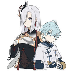  1boy age_difference aunt_and_nephew blue_eyes blue_hair chinese_clothes chongyun_(genshin_impact) closed_mouth commentary english_commentary female genshin_impact grey_hair hair_between_eyes hair_ornament hair_over_one_eye hashtag light_blue_hair long_hair long_sleeves looking_at_viewer shenhe_(genshin_impact) shimanakao_(shimanaka_sushi) short_hair simple_background white_background 