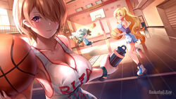  3girls artist_name asc11 ball basketball basketball_(object) basketball_court basketball_uniform bianka_durandal_ataegina blonde_hair blue_eyes blush bottle breasts bronya_zaychik character_name chibi cleavage dated hair_over_one_eye highres holding holding_ball holding_bottle honkai_(series) honkai_impact_3rd large_breasts long_hair looking_at_viewer multiple_girls ponytail purple_eyes rita_rossweisse short_hair sportswear sunlight very_long_hair water_bottle watermark 