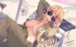  adjusting_eyewear artist_name aviator_sunglasses blonde_hair blue_eyes breasts canine cleavage commentary_request dated female himeyamato iowa_(kancolle) jacket kantai_collection large_breasts long_hair looking_over_eyewear lying no_bra on_back pants puppy solo star-shaped_pupils star_(symbol) sunglasses symbol-shaped_pupils victory_(dog) 