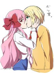  1boy absurdres azami_masurao blonde_hair blue_skirt bow bowtie commentary_request dead_apostle_noel_(tsukihime) female green_eyes hairbow highres kissing long_hair mario_gallo_bestino noel_(tsukihime) pink_hair red_bow red_bowtie red_eyes school_uniform shirt skirt straight translation_request tsukihime tsukihime_(remake) white_shirt yellow_shirt 