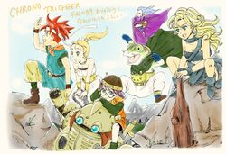  ayla_(chrono_trigger) belt bike_shorts blonde_hair blue_eyes blue_tunic breasts chrono_trigger closed_mouth club_(weapon) crono_(chrono_trigger) frog_(chrono_trigger) glasses headband helmet long_hair lucca_ashtear magus_(chrono_trigger) marle_(chrono_trigger) maruno multiple_boys multiple_girls open_mouth ponytail purple_hair red_hair robo_(chrono_trigger) robot scarf short_hair smile spiked_hair weapon white_headband 