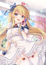  :d blonde_hair blue_eyes blush bottle bow dress emu_alice female frilled_dress frills garter_straps gomano_rio heart highres liver_city long_hair looking_at_viewer nurse open_mouth smile solo striped thighhighs window 