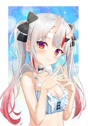  bikini black_bow blue_bikini blush bow breasts choker cleavage closed_mouth female frilled_bikini frilled_choker frills gradient_hair hairbow highres hololive horns kotone_neruneru long_hair looking_at_viewer multicolored_hair nakiri_ayame nakiri_ayame_(hololive_summer_2019) oni pink_hair red_eyes red_hair skin-covered_horns small_breasts smile solo streaked_hair swimsuit upper_body virtual_youtuber white_choker white_hair 