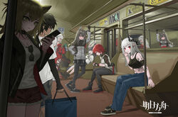  1boy 6+girls :o absurdres animal_ears arknights bag black_choker black_footwear black_hair black_jacket black_nails black_pantyhose black_shorts black_sports_bra blaze_(arknights) blue_pants boots breasts cat_ears chinese_commentary choker closed_mouth commentary_request copyright_name dark-skinned_male dark_skin ear_piercing earphones exusiai_(arknights) eyewear_hang halo highres holding holding_bag holding_phone hood hooded_jacket horns jacket leg_ribbon lion_ears material_growth medium_breasts mudrock_(arknights) multiple_girls nail_polish official_alternate_costume open_clothes open_jacket open_mouth oripathy_lesion_(arknights) pants pantyhose pantyhose_under_shorts phone piercing qiufenghaiming red_eyes red_hair red_shorts reflection ribbon shirt shoes shopping_bag short_sleeves shorts siege_(arknights) sitting skadi_(arknights) skadi_the_corrupting_heart_(arknights) sleeping sneakers sports_bra sunglasses texas_(arknights) thorns_(arknights) thorns_(comodo)_(arknights) train_interior unworn_eyewear white_footwear white_hair white_jacket white_shirt wolf_ears yellow_eyes 