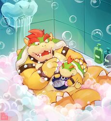  2020 absurd_res anthro assisted_bathing bathing bathroom bathtub belly blush bowser bowser_jr. bubble bubble_bath chain_chomp cleaning collar cute_fangs detailed_background duo father_(lore) father_and_child_(lore) father_and_son_(lore) hi_res horn humanoid_hands kemono koopa lates male mario_bros nintendo parent_(lore) parent_and_child_(lore) parent_and_son_(lore) reptile scalie shell sitting son_(lore) spiked_collar spiked_shell spikes spikes_(anatomy) suds teeth tile tile_wall wall_(structure) water 