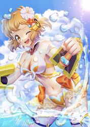  ;d bikini blonde_hair blue_sky bow breasts cleavage cloud day female floating_hair flower hair_flower hair_ornament hairband hibiscus highres juan_0121 looking_at_viewer medium_breasts navel one_eye_closed open_mouth orange_bow orange_flower outdoors senki_zesshou_symphogear short_hair signature sky smile solo sparkle summer sun swimsuit tachibana_hibiki_(symphogear) thigh_strap wading white_flower white_hairband yellow_bikini yellow_eyes 