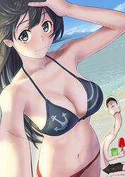  1boy admiral_(kancolle) agano_(kancolle) anchor_symbol beach bikini black_hair black_shorts blue_eyes blush breasts cleavage cloud day female hair_between_eyes highres kantai_collection large_breasts long_hair long_neck looking_at_viewer mismatched_bikini misumi_(niku-kyu) ocean outdoors selfie shorts sky smile solo_focus swimsuit twitter_username 