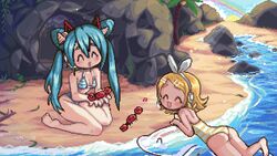  2girls ^_^ animal animated animated aqua_eyes aqua_hair barefoot beach bikini blonde_hair blush blush_stickers bow casual_one-piece_swimsuit cave christy_frisby closed_eyes cone_hair_bun crab feet hair_bun hair_ornament hairbow hairclip hatsune_miku headset holding holding_animal inflatable_dolphin inflatable_toy kagamine_rin kneeling leg_up long_hair lying multiple_girls music musical_note on_stomach one-piece_swimsuit palm_tree plant rainbow rock seashell shell shell_hair_ornament short_hair singing soles sparkling_eyes striped_bikini striped_clothes striped_one-piece_swimsuit swimsuit toes tree twig twintails vines vocaloid water 