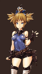  ahoge bare_shoulders belt black_gloves blonde_hair blue_eyes breasts covered_navel female fingerless_gloves gloves goggles goggles_on_head granblue_fantasy looking_at_viewer loose_belt marubonman nipples open_mouth pengy_(granblue_fantasy) short_hair short_shorts short_twintails shorts simple_background smile solo twintails 