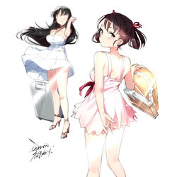  2girls black_hair blush breasts brown_hair chinese_commentary closed_mouth commentary_request dress ejami long_hair looking_at_viewer mizushima_asa multiple_girls panties short_hair simple_background sora_no_iro_mizu_no_iro sorayama_natsume twintails underwear white_background 