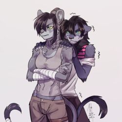  1:1 abs akiya-kamikawa anthro athletic blue_eyes bottomwear breasts brother_(lore) brother_and_sister_(lore) clothed clothing countershade_torso countershading duo feet felid female femboy fully_clothed fur green_eyes grey_body grey_fur hair hi_res lion long_hair looking_down male mammal midriff muscular muscular_female neck_tuft nude pantherine pants paws ponytail scar shirt sibling_(lore) sister_(lore) standing tail tail_tuft tank_top toes tomboy topwear tuft yellow_sclera 