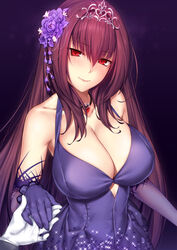  bare_shoulders blush breasts cleavage closed_mouth dress elbow_gloves fate/grand_order fate_(series) female flower gloves hair_between_eyes hair_flower hair_ornament highres holding_hands jewelry large_breasts long_hair looking_at_viewer lun7732 necklace pendant photoshop_(medium) purple_background purple_dress purple_gloves purple_hair red_eyes scathach_(fate) scathach_(formal_dress)_(fate) smile tiara 