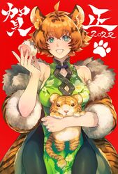  2022 animal_ear_fluff animal_ears animal_print bare_shoulders breasts brown_hair china_dress chinese_clothes chinese_new_year chinese_zodiac cleavage clothing_cutout coat collarbone dress female fur_trim highres jacket kin_mokusei large_breasts medium_hair new_year open_mouth original pelvic_curtain print_coat print_jacket red_background short_sleeves simple_background stuffed_toy tail tiger_ears tiger_print tiger_tail year_of_the_tiger 