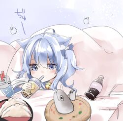  animal_ears asashio_(azur_lane) azur_lane bell blue_hair blue_ribbon bottle bubble_tea cat_ears cat_girl drinking_straw female hair_between_eyes hair_ribbon highres manjuu_(azur_lane) neck_bell on_bed purple_eyes ribbon rurekuchie solo 