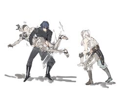  1boy 2girls armor blue_hair boots byleth_(fire_emblem) byleth_(male)_(fire_emblem) cape closed_mouth corrin_(female)_(fire_emblem) corrin_(fire_emblem) fire_emblem fire_emblem:_three_houses fire_emblem_awakening fire_emblem_fates garreg_mach_monastery_uniform gloves hair_ornament hairband highres holding holding_boots holding_clothes holding_footwear juliet_sleeves knee_boots long_hair long_sleeves multiple_girls pointy_ears puffy_sleeves robin_(female)_(fire_emblem) robin_(fire_emblem) short_hair simple_background struggling super_smash_bros. twintails white_hair yourfreakyneighbourh 