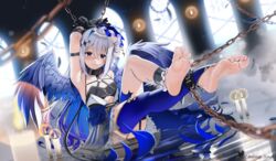  amane_kanata amane_kanata_(another_world) angel_wings ankle_cuffs arm_strap armpits arms_up barefoot black_collar black_gloves blue_eyes blue_hair blue_thighhighs blush candle casino_(casinoep) chains closed_mouth collar colored_inner_hair crossed_bangs detached_leggings feet female full_body gloves grey_hair hair_between_eyes hololive indoors knee_up legs long_hair md5_mismatch multicolored_hair official_alternate_costume single_thighhigh sitting smile soles solo spread_toes thighhighs toenails toes twitter_username two-tone_hair very_long_hair virtual_youtuber wings 