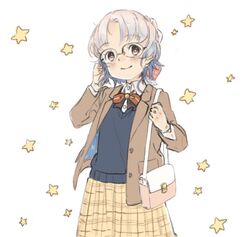  alternate_costume bad_id bad_twitter_id bag blue_shirt blush bow bowtie brown_jacket female glasses grey_hair hair_ribbon hirato_(kancolle) jacket kantai_collection kokko_(014kko) long_sleeves red_bow red_bowtie ribbon shirt short_hair shoulder_bag simple_background skirt smile solo star_(symbol) white_background yellow_skirt 