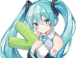  aqua_eyes aqua_hair bare_shoulders black_sleeves blue_necktie blush closed_mouth collared_shirt commentary detached_sleeves female food grey_shirt hatsune_miku holding holding_food holding_spring_onion holding_stuffed_toy holding_vegetable long_hair long_sleeves looking_at_viewer necktie noneon319 shirt simple_background sleeveless sleeveless_shirt smile solo spring_onion stuffed_toy twintails upper_body vegetable vocaloid white_background wide_sleeves 