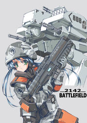  absurdres battlefield_2142 blue_hair commentary english_commentary female gatling_gun green_eyes gun helmet highres holding holding_weapon longmei_er_de_tuzi mecha military military_uniform robot science_fiction simple_background twintails uniform weapon 