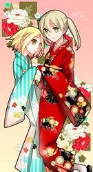  2girls blonde_hair brown_hair closed_mouth dated floral_background green_eyes highres japanese_clothes kimono long_hair looking_at_viewer maka_albarn medium_hair multiple_girls open_mouth protected_link satoimo_(3311_mi) smile soul_eater twintails 