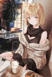  against_wall aoki_yuriko aran_sweater bad_id bad_twitter_id bakuman blonde_hair bob_cut cable_knit chair cleavage_cutout clothing_cutout commentary cup detached_sleeves dress drinking_glass female food heart_cutout highres indoors layered_clothes light_smile long_sleeves looking_at_viewer meme_attire milk mole mole_under_eye nabi_(uz02) off_shoulder open-chest_sweater paper paperclip ribbed_sweater saucer sitting sleeveless sleeveless_sweater sleeves_past_wrists solo sweater sweater_dress table turtleneck turtleneck_sweater yellow_eyes 