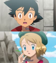  1boy anime_coloring black_hair blue_eyes brown_eyes character_name cloud commentary commission cosplay day english_commentary eyelashes fake_screenshot female gloria_(pokemon) gloria_(pokemon)_(cosplay) green_headwear hair_between_eyes hand_up hat light_brown_hair noelia_ponce official_style open_mouth outdoors pokemon pokemon_(anime) pokemon_swsh pokemon_xy_(anime) red_shirt satoshi_(pokemon) serena_(pokemon) shirt sky subtitled tam_o&#039;_shanter teeth tongue upper_teeth_only victor_(pokemon) victor_(pokemon)_(cosplay) watermark 