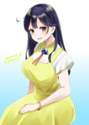  ahoge black_hair blue_background brown_eyes commentary_request dated dress feet_out_of_frame female gradient_background highres johssnny kantai_collection long_hair looking_at_viewer one-hour_drawing_challenge sitting smile solo twitter_username ushio_(kancolle) white_background yellow_dress 