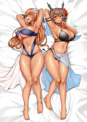  2girls armpits ass_visible_through_thighs bikini black_bikini blue_bikini blush breasts brown_hair cleavage collarbone crossover flower girls&#039;_frontline green_eyes hair_flower hair_ornament headgear heart_lock_(kantai_collection) highres huge_breasts jai_(whany1998) jewelry kantai_collection korean_commentary long_hair looking_at_viewer multiple_girls mutsu_(kancolle) navel on_bed open_mouth ring sarong second-party_source short_hair springfield_(girls&#039;_frontline) swimsuit tan wedding_ring 