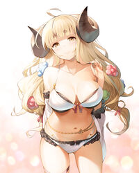  absurdres ahoge anila_(granblue_fantasy) anila_(summer)_(granblue_fantasy) bikini blonde_hair blush breasts draph female front-tie_top granblue_fantasy hair_ornament hair_ribbon highres horns large_breasts long_hair navel nekomu official_alternate_costume ribbon sheep_horns simple_background smile solo swimsuit thick_eyebrows thigh_strap white_bikini yellow_eyes 