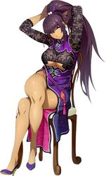  adjusting_hair amanomiya_ayame arms_up black_hair breasts crossed_legs dark-skinned_female dark_skin dress female full_body head_tilt high_ponytail large_breasts long_hair non-web_source official_art on_chair simple_background sitting solo super_robot_wars super_robot_wars_x-omega underboob watanabe_wataru_(character_designer) white_background 