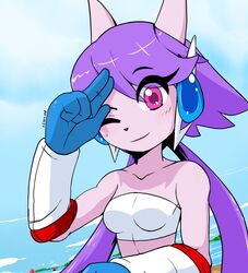  2020 anthro breasts clothed clothing dragon female freedom_planet galaxytrail gloves hair handwear hybrid kenjikanzaki05 mammal mythological_creature mythological_scalie mythology one_eye_closed purple_hair sash_lilac scalie solo topwear tube_top wink 