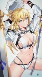  artoria_caster_(fate) artoria_caster_(swimsuit)_(fate) artoria_caster_(swimsuit)_(first_ascension)_(fate) artoria_pendragon_(fate) baseball_cap blonde_hair breasts fate/grand_order fate_(series) female green_eyes hat highres keisuke_desu~ large_breasts looking_at_viewer navel simple_background solo stomach sword unworn_headwear upper_body weapon white_background 