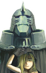  1boy alphonse_elric armor bare_arms bare_shoulders blonde_hair chainmail close-up closed_mouth collarbone dual_persona expressionless face fullmetal_alchemist hair_over_one_eye hand_up helmet leaning_to_the_side lifting lifting_covers long_hair looking_at_viewer male_focus noako peeking_out shade sidelighting simple_background skinny solo_focus spiked_helmet spikes straight_hair white_background wide-eyed yellow_eyes 