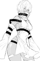  absurdres bandage_on_thigh bandaged_leg bandages bare_shoulders breasts cowboy_shot detached_sleeves dress female greyscale hair_between_eyes high_collar highres looking_at_viewer medium_breasts monochrome nier_(series) nier_reincarnation nishiii26miii noelle_(nier) short_dress short_hair sideboob solo standing white_background wide_sleeves 