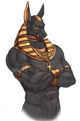  1boy abs animal_ears ankh anubis_(mythology) bara black_skin colored_sclera colored_skin commentary cropped_torso crossed_arms egyptian egyptian_clothes egyptian_mythology furry furry_male jackal_ears jewelry male_focus muscular muscular_male navel necklace obliques oerba_yun_fang simple_background solo topless_male tuxedo_de_cat upper_body usekh_collar white_background yellow_sclera 