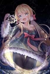  blonde_hair bow breasts cleavage dress emu_alice female gomano_rio hairbow highres liver_city long_hair low_twintails night night_sky pantyhose sky smile solo star_(sky) teapot thighs twintails 