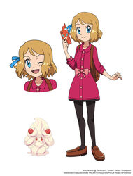  ;d alcremie alcremie_(strawberry_sweet) black_legwear blue_eyes bow brown_footwear buttons closed_mouth collared_dress commentary cosplay dress english_commentary eyelashes female full_body gloria_(pokemon) gloria_(pokemon)_(cosplay) holding holding_phone light_brown_hair multiple_views noelia_ponce one_eye_closed open_mouth pantyhose phone pink_dress pokemon pokemon_(anime) pokemon_(creature) pokemon_xy_(anime) rotom rotom_phone serena_(pokemon) shoes smile standing tongue watermark 