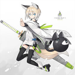  animal_ears blonde_hair blue_eyes cat_ears commentary eyeball female fox_ears fox_girl fox_tail highres katana kuroino_(poco) multicolored_hair oil-paper_umbrella original photoshop_(medium) poco_(asahi_age) robot science_fiction sheath sheathed shiratama_kitsune short_hair short_shorts shorts simple_background sword tail thighhighs two-tone_hair umbrella weapon white_hair zettai_ryouiki 