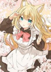  animal_ear_fluff animal_ears apron aqua_eyes arm_up black_shirt blonde_hair blush bow cherry_blossoms colored_inner_hair cowboy_shot dress_shirt female fingernails fox_ears fox_girl fox_tail fuwafuwa-chan_(kamiyoshi_rika) hand_up highres kamiyoshi_rika long_hair long_sleeves looking_at_viewer maid maid_apron multicolored_hair oerba_yun_fang open_mouth original petals shirt skirt skirt_set smile solo tail very_long_hair white_hair wing_collar 