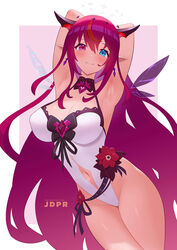  alternate_breast_size arm_behind_back armpits arms_up artist_name blush breasts cleavage clothing_cutout crystal_wings double_halo earrings female flower halo heterochromia hololive hololive_english irys_(hololive) irys_(irys_2.0)_(hololive) jdpr jewelry large_breasts leotard long_hair multicolored_hair navel navel_cutout patreon_logo patreon_username pink_eyes pointy_ears purple_hair red_flower red_hair smile solo star_halo two-tone_hair very_long_hair virtual_youtuber web_address white_leotard 