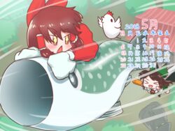  &gt;_&lt; +_+ 1other 2018 bird bow brown_eyes brown_hair calendar_(medium) chicken commentary_request cookie_(touhou) cup dress fish flying full_body green_bow green_skirt hair_tubes hairbow hakurei_reimu highres kirisame_marisa long_hair looking_at_another may mug nadeko_(cookie) open_mouth otemoto_(baaaaloooo) red_bow red_dress reiuji_utsuho reu_(cookie) sakenomi_(cookie) shirt short_hair shrine skirt sleeveless sleeveless_dress smile the_chicken_that_appears_in_the_middle_of_cookie touhou tree triangle_mouth uzuki_(cookie) white_shirt yunomi 