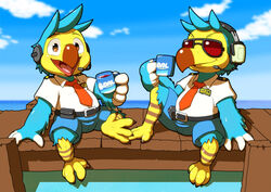  amber_eyes animal_crossing anthro avian barefoot belt bird blue_body blue_feathers bottomwear brother_(lore) brothers_(lore) clothing cloud columbid container cup dodo duo electronics extinct eyewear feathers feet headgear headphones headset hi_res male nakayan necktie nintendo open_mouth orville_(animal_crossing) outside pier recently_extinct_species sea shirt shorts sibling_(lore) sitting sky smile sunglasses talons toes topwear water wilbur_(animal_crossing) 