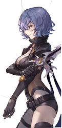  achan_(blue_semi) bare_hips black_gloves black_leotard black_shorts blue_hair breasts cleavage closed_mouth collarbone cowboy_shot eiyuu_densetsu elbow_gloves female from_side gloves green_eyes highleg highleg_leotard highres holding holding_sword holding_weapon large_breasts leotard looking_at_viewer micro_shorts sen_no_kiseki sharon_kreuger short_hair shorts simple_background smile solo standing straight_hair sword thigh_strap weapon white_background 